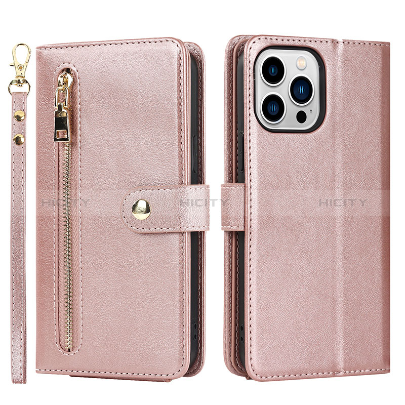 Custodia Portafoglio In Pelle Cover con Supporto D06T per Apple iPhone 14 Pro Max Oro Rosa