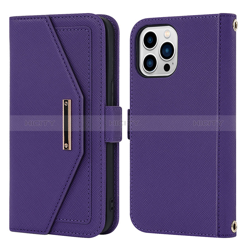 Custodia Portafoglio In Pelle Cover con Supporto D07T per Apple iPhone 14 Pro Viola