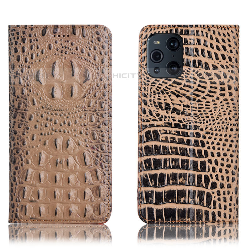 Custodia Portafoglio In Pelle Cover con Supporto H01P per Oppo Find X3 Pro 5G Khaki