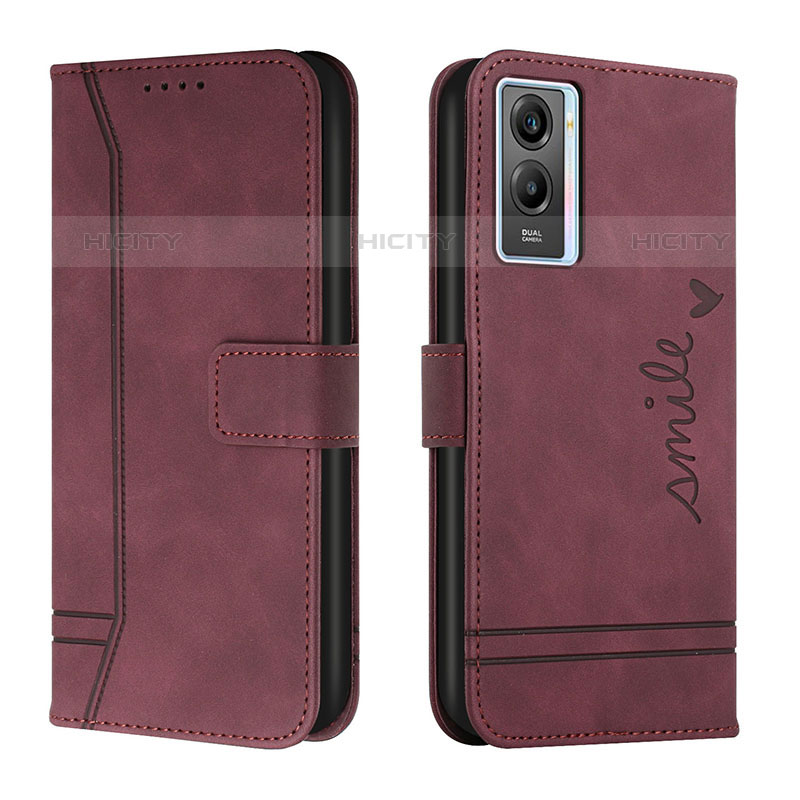 Custodia Portafoglio In Pelle Cover con Supporto H01X per Vivo Y55s (2021) Rosso