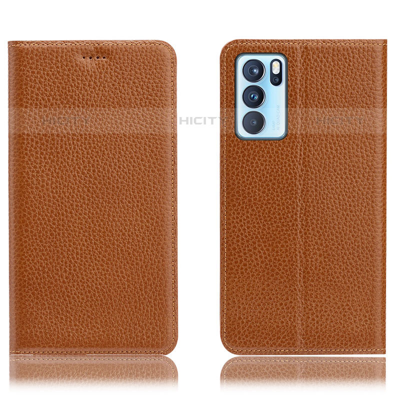 Custodia Portafoglio In Pelle Cover con Supporto H02P per Oppo Reno6 Pro 5G India Marrone Chiaro