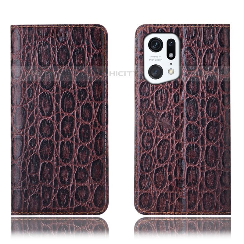 Custodia Portafoglio In Pelle Cover con Supporto H16P per Oppo Find X5 Pro 5G Marrone