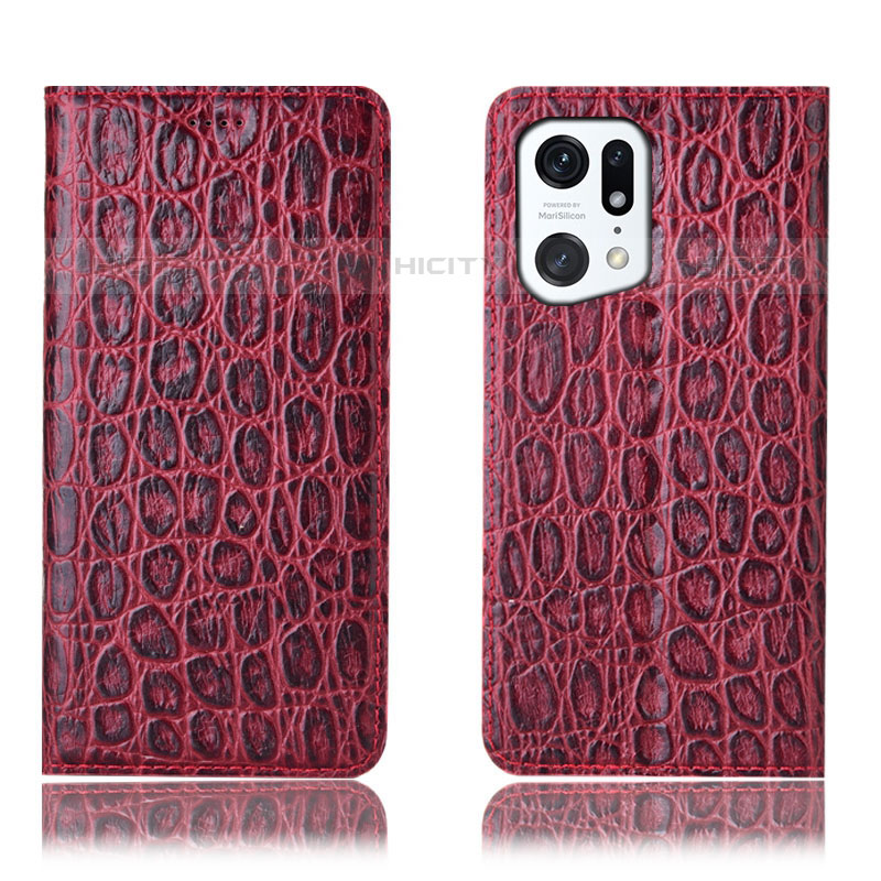 Custodia Portafoglio In Pelle Cover con Supporto H16P per Oppo Find X5 Pro 5G Rosso