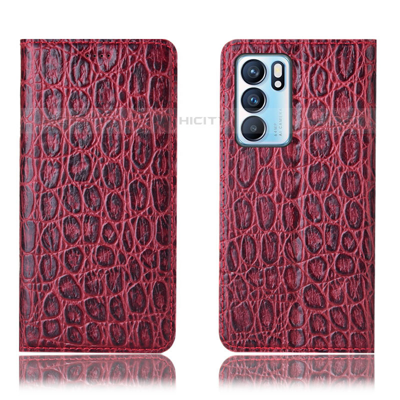 Custodia Portafoglio In Pelle Cover con Supporto H16P per Oppo Reno6 5G Rosso