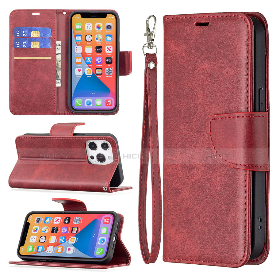 Custodia Portafoglio In Pelle Cover con Supporto L01 per Apple iPhone 13 Pro Rosso