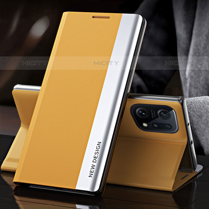 Custodia Portafoglio In Pelle Cover con Supporto L01 per Oppo Find X5 Pro 5G Giallo