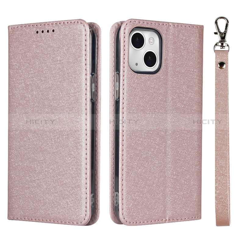 Custodia Portafoglio In Pelle Cover con Supporto L08 per Apple iPhone 15 Oro Rosa