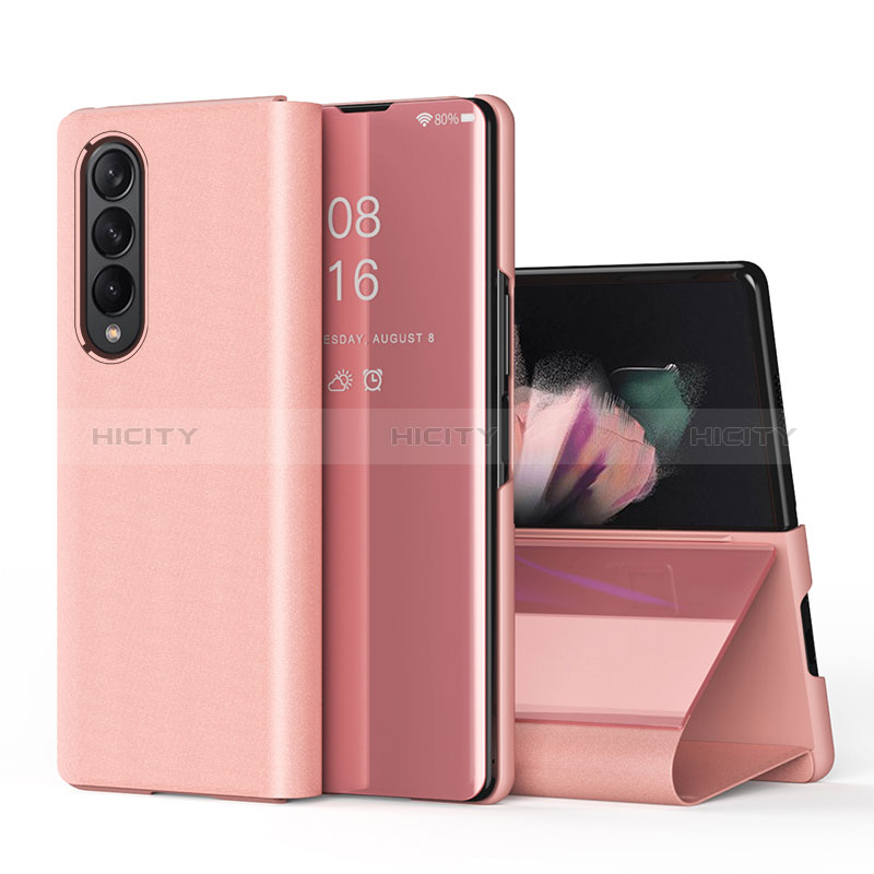 Custodia Portafoglio In Pelle Cover con Supporto Laterale Specchio Cover L01 per Samsung Galaxy Z Fold3 5G Oro Rosa