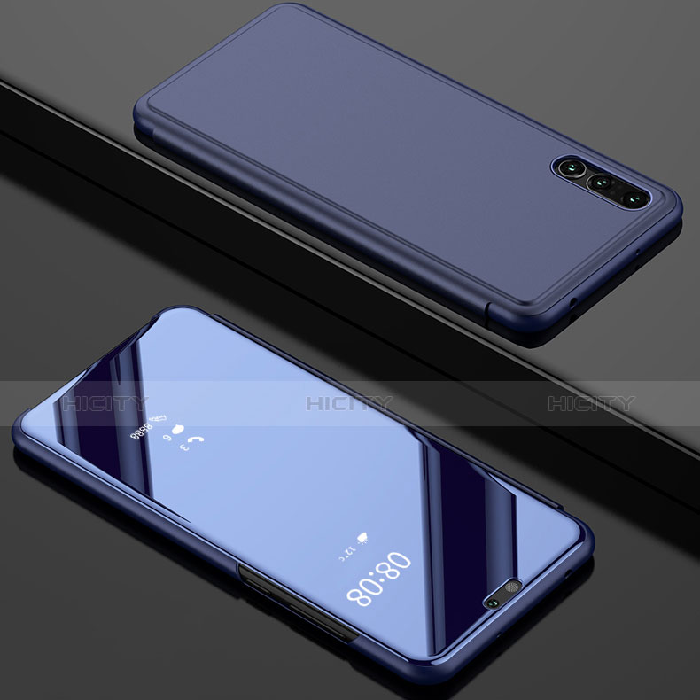 Custodia Portafoglio In Pelle Cover con Supporto Laterale Specchio Cover L02 per Huawei P20 Pro Ciano