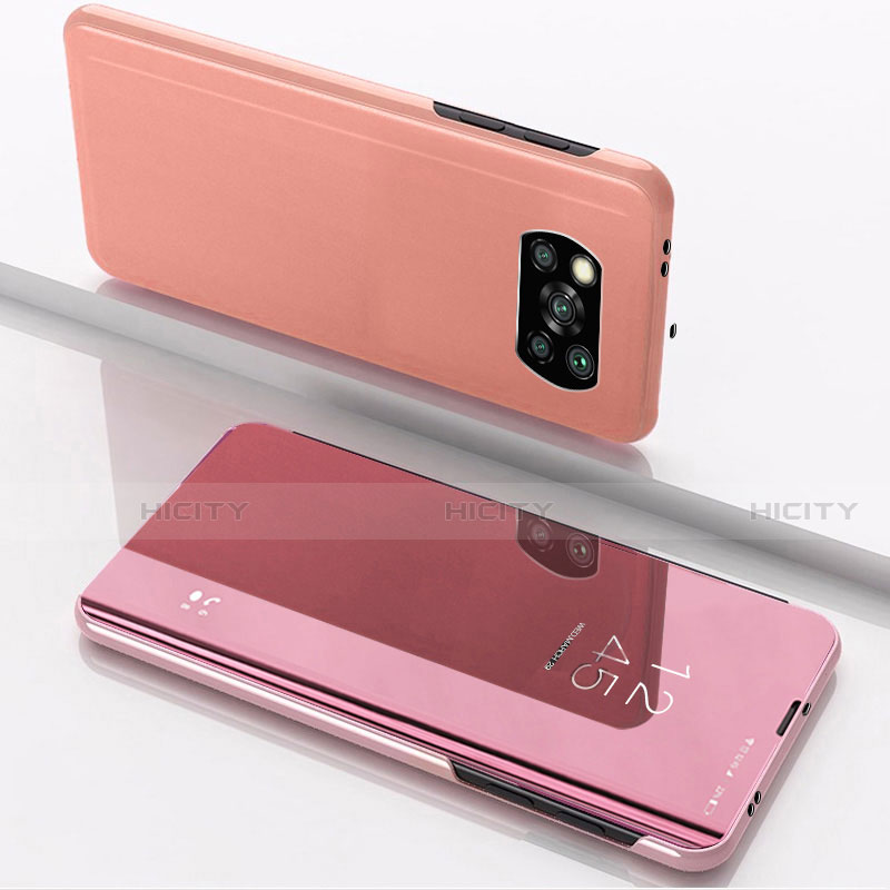 Custodia Portafoglio In Pelle Cover con Supporto Laterale Specchio Cover L03 per Xiaomi Poco X3 Oro Rosa