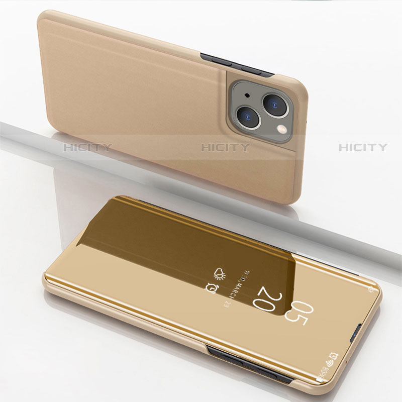 Custodia Portafoglio In Pelle Cover con Supporto Laterale Specchio Cover per Apple iPhone 15 Plus Oro