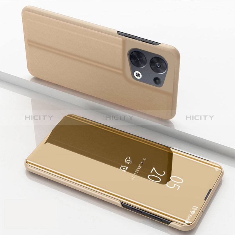 Custodia Portafoglio In Pelle Cover con Supporto Laterale Specchio Cover per Oppo Reno9 Pro+ Plus 5G Oro