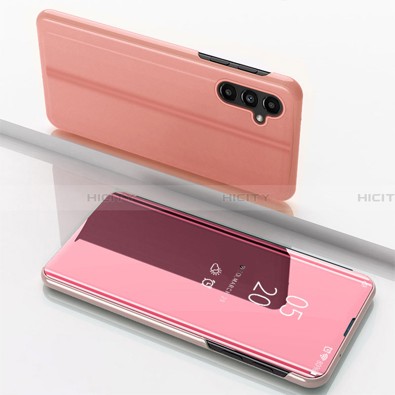 Custodia Portafoglio In Pelle Cover con Supporto Laterale Specchio Cover per Samsung Galaxy A14 4G Oro Rosa