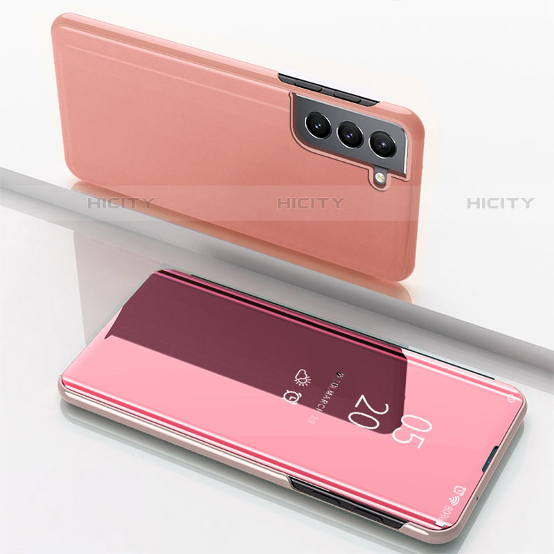 Custodia Portafoglio In Pelle Cover con Supporto Laterale Specchio Cover per Samsung Galaxy S21 FE 5G Oro Rosa