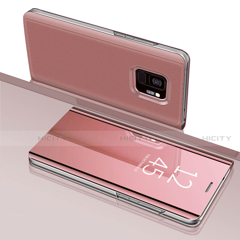 Custodia Portafoglio In Pelle Cover con Supporto Laterale Specchio Cover per Samsung Galaxy S9 Oro Rosa