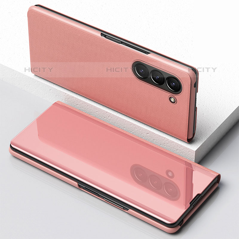 Custodia Portafoglio In Pelle Cover con Supporto Laterale Specchio Cover per Samsung Galaxy Z Fold5 5G Oro Rosa