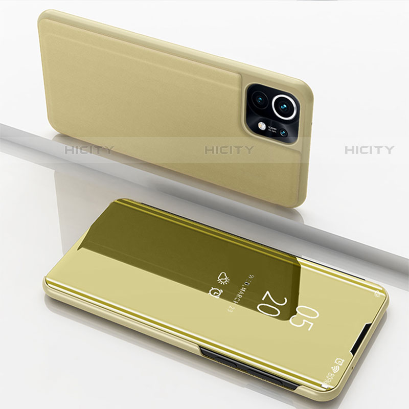 Custodia Portafoglio In Pelle Cover con Supporto Laterale Specchio Cover per Xiaomi Mi 11 5G Oro