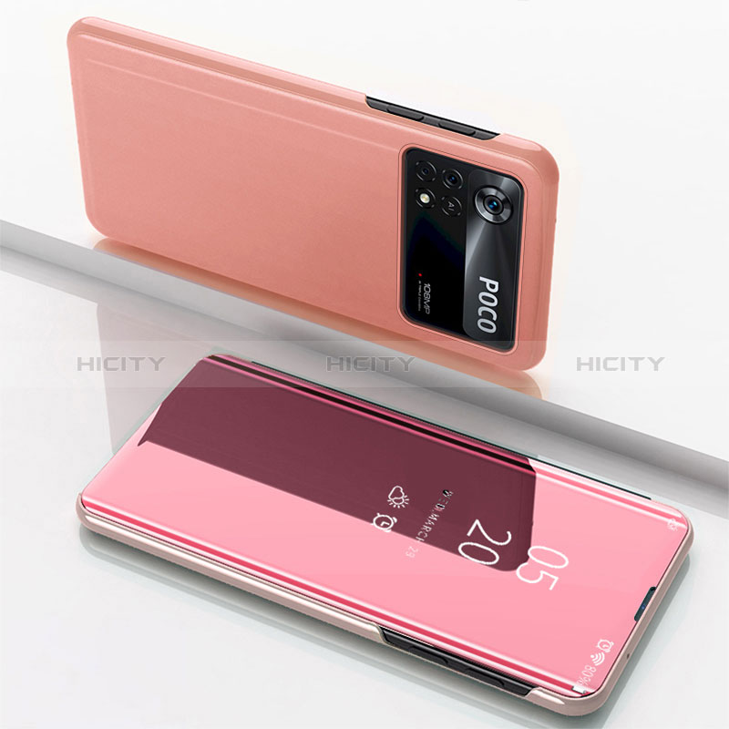 Custodia Portafoglio In Pelle Cover con Supporto Laterale Specchio Cover per Xiaomi Poco M4 Pro 4G Oro Rosa