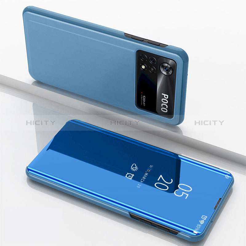 Custodia Portafoglio In Pelle Cover con Supporto Laterale Specchio Cover per Xiaomi Poco X4 Pro 5G Blu