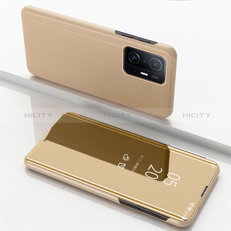 Custodia Portafoglio In Pelle Cover con Supporto Laterale Specchio Cover QH1 per Xiaomi Mi 11T Pro 5G Oro