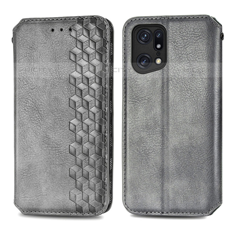 Custodia Portafoglio In Pelle Cover con Supporto S01D per Oppo Find X5 Pro 5G Grigio