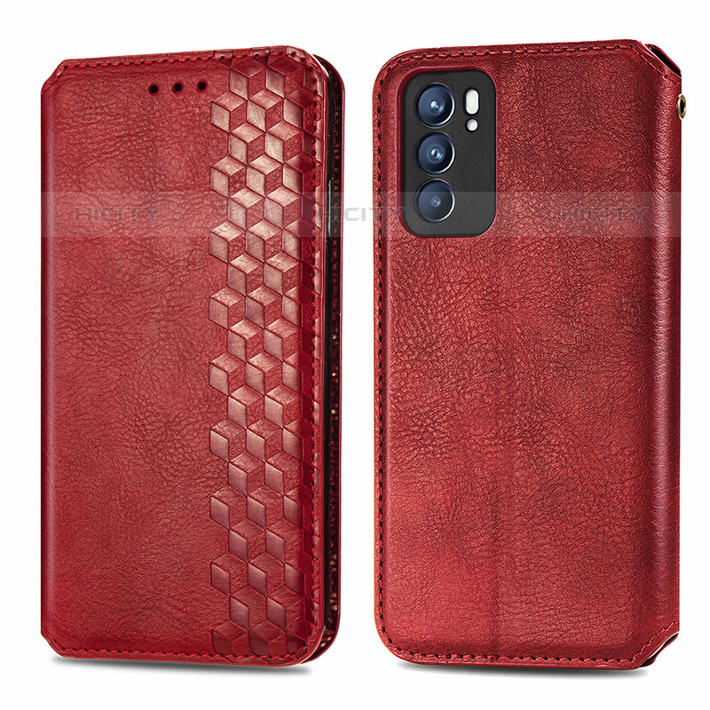 Custodia Portafoglio In Pelle Cover con Supporto S01D per Oppo Reno6 5G Rosso