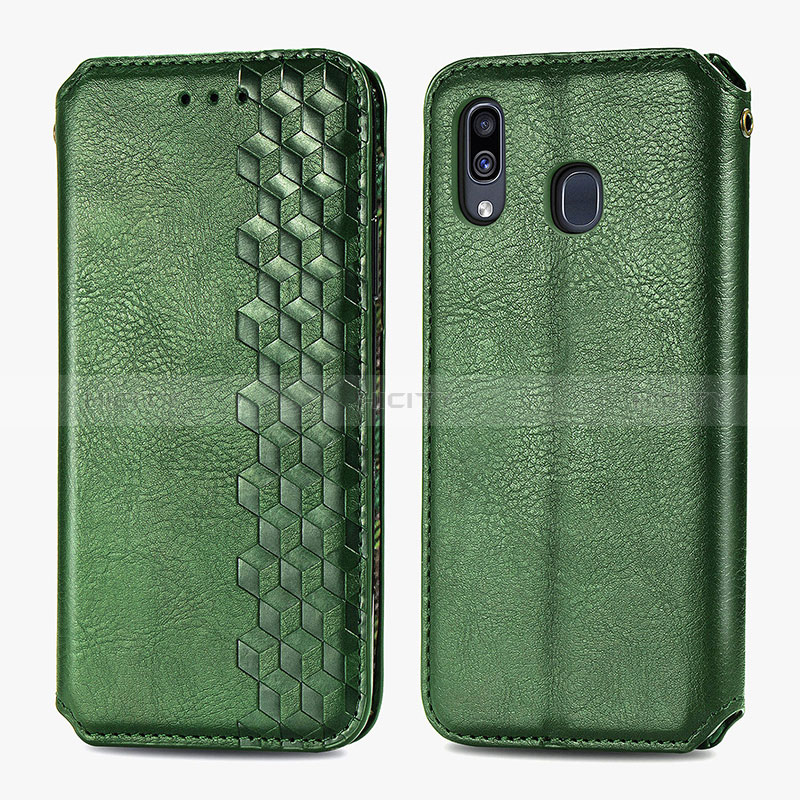 Custodia Portafoglio In Pelle Cover con Supporto S01D per Samsung Galaxy A30 Verde