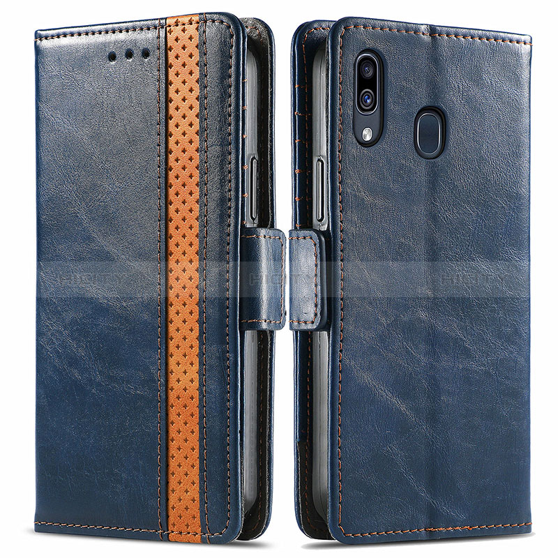 Custodia Portafoglio In Pelle Cover con Supporto S02D per Samsung Galaxy A30 Blu