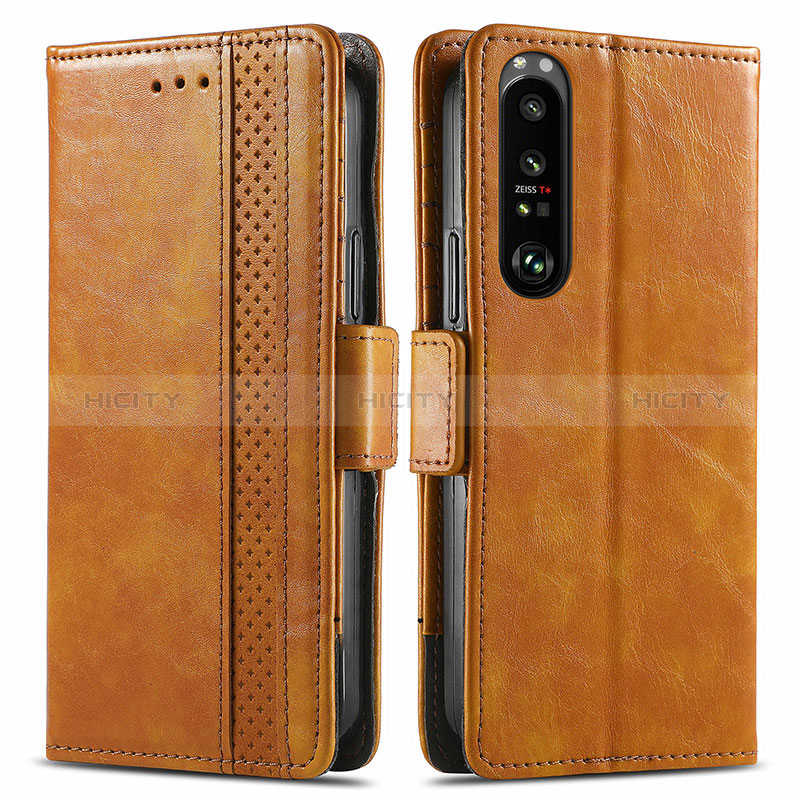 Custodia Portafoglio In Pelle Cover con Supporto S02D per Sony Xperia 1 III Marrone Chiaro