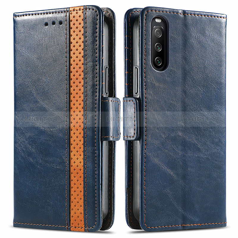 Custodia Portafoglio In Pelle Cover con Supporto S02D per Sony Xperia 10 III Blu