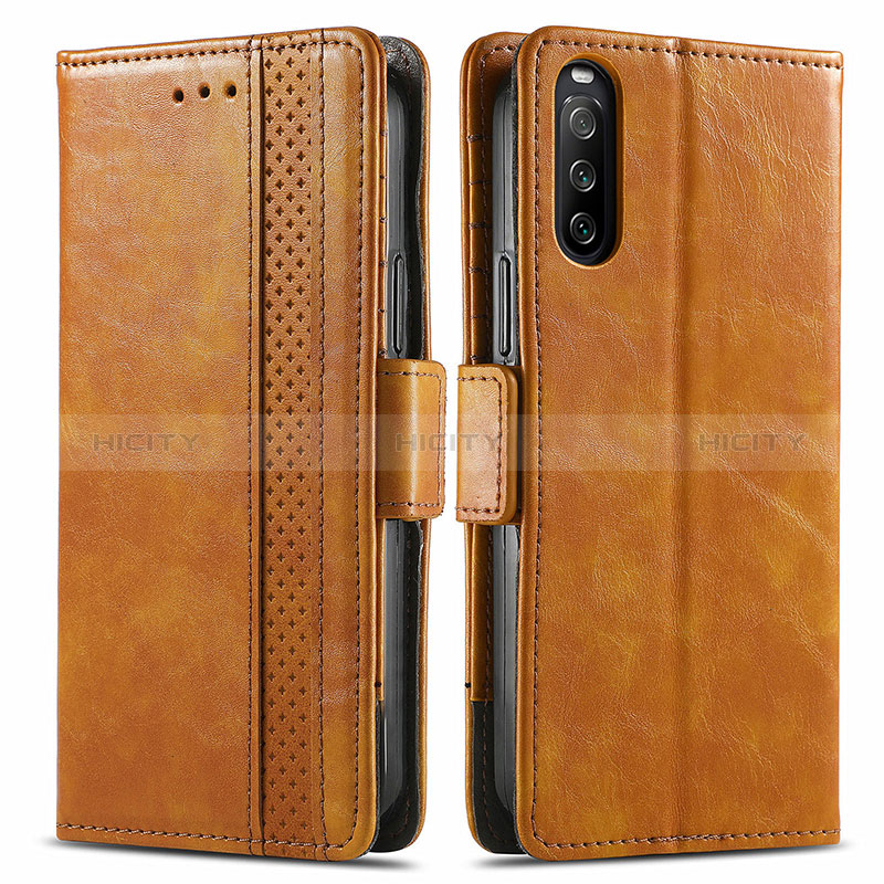 Custodia Portafoglio In Pelle Cover con Supporto S02D per Sony Xperia 10 III Lite Marrone Chiaro