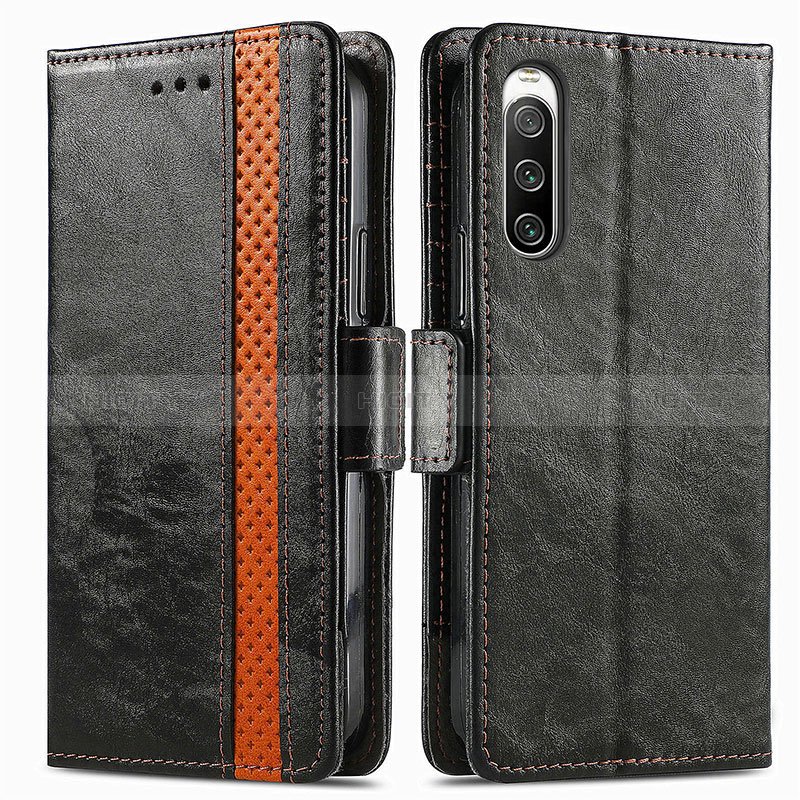 Custodia Portafoglio In Pelle Cover con Supporto S02D per Sony Xperia 10 IV Nero