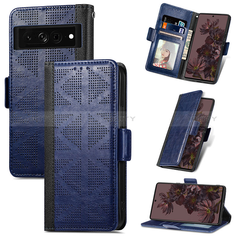 Custodia Portafoglio In Pelle Cover con Supporto S03D per Google Pixel 7 Pro 5G Blu