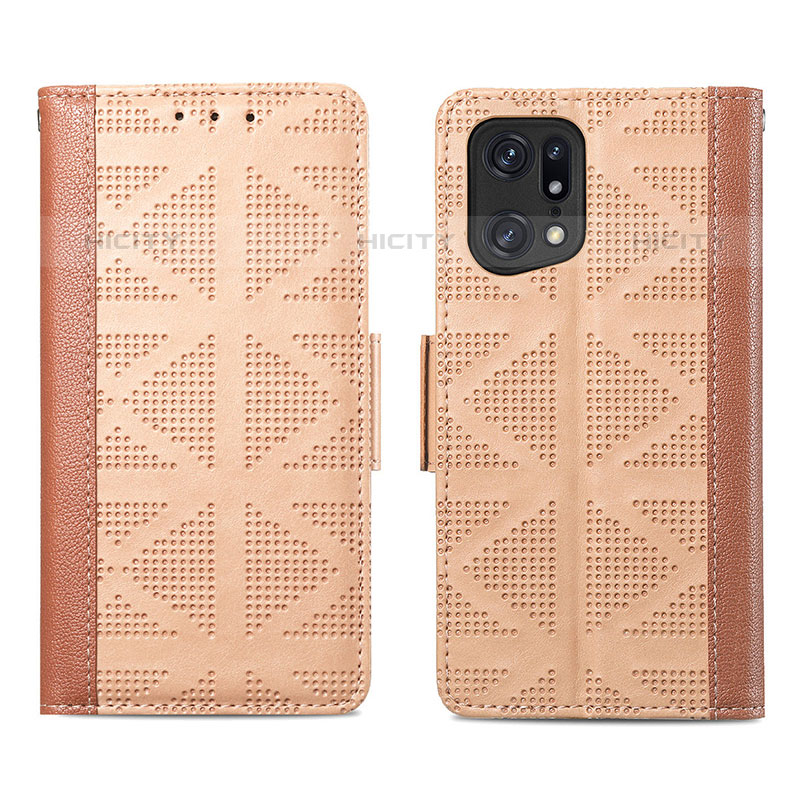 Custodia Portafoglio In Pelle Cover con Supporto S03D per Oppo Find X5 Pro 5G Marrone Chiaro