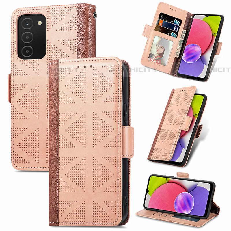 Custodia Portafoglio In Pelle Cover con Supporto S03D per Samsung Galaxy A03s Marrone Chiaro