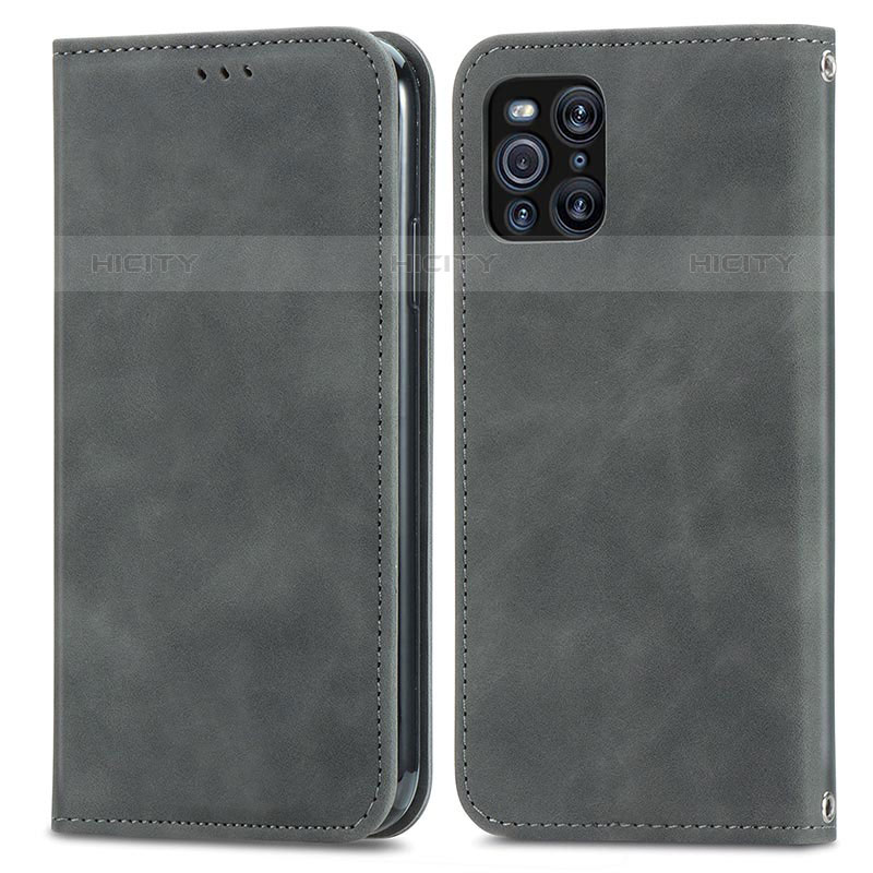 Custodia Portafoglio In Pelle Cover con Supporto S04D per Oppo Find X3 Pro 5G Grigio