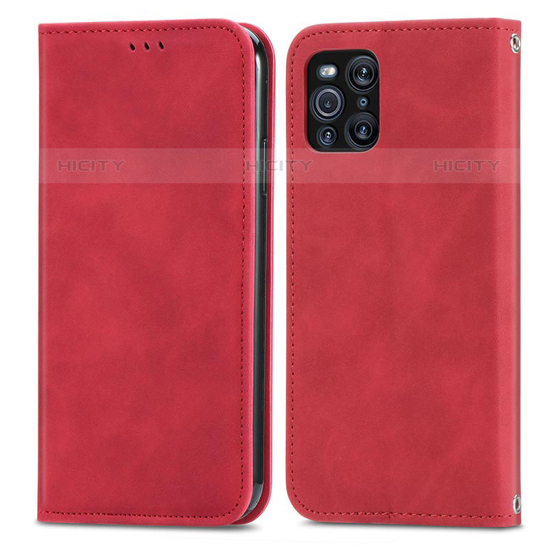 Custodia Portafoglio In Pelle Cover con Supporto S04D per Oppo Find X3 Pro 5G Rosso