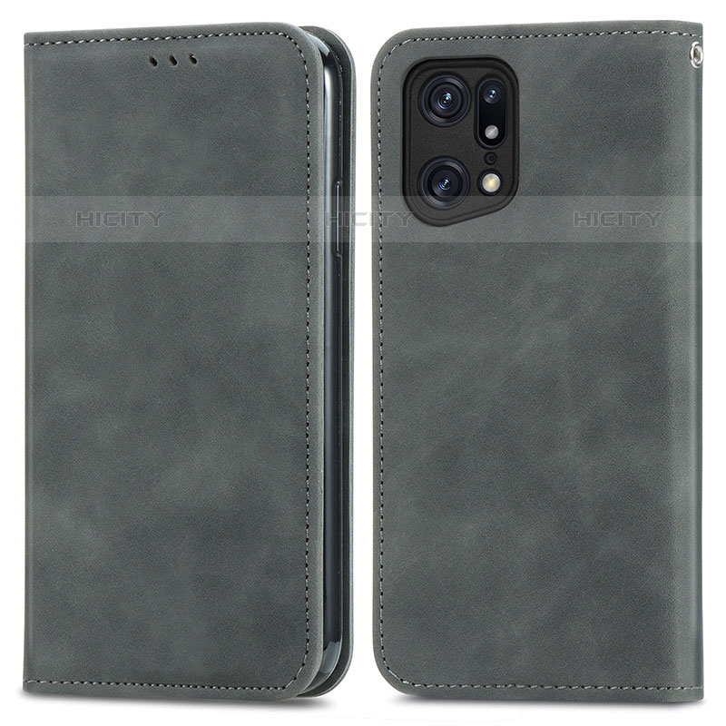 Custodia Portafoglio In Pelle Cover con Supporto S04D per Oppo Find X5 Pro 5G Grigio