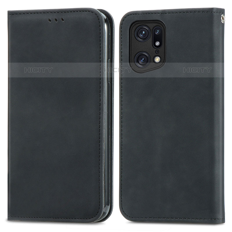 Custodia Portafoglio In Pelle Cover con Supporto S04D per Oppo Find X5 Pro 5G Nero