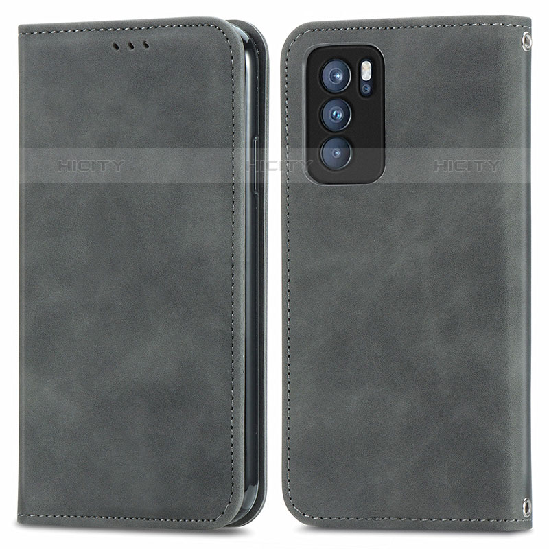 Custodia Portafoglio In Pelle Cover con Supporto S04D per Oppo Reno6 Pro 5G India Grigio