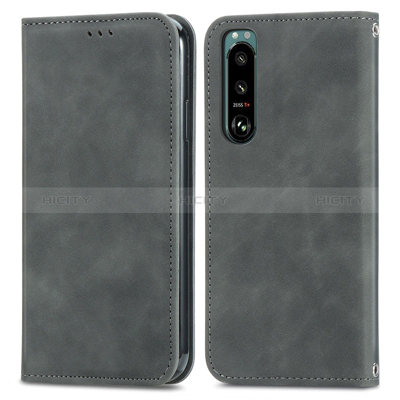 Custodia Portafoglio In Pelle Cover con Supporto S04D per Sony Xperia 5 III Grigio