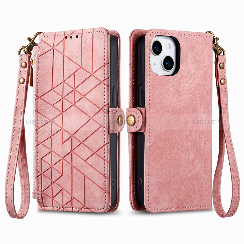 Custodia Portafoglio In Pelle Cover con Supporto S05D per Apple iPhone 15 Oro Rosa