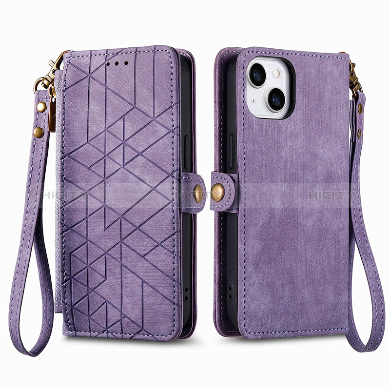 Custodia Portafoglio In Pelle Cover con Supporto S05D per Apple iPhone 15 Viola