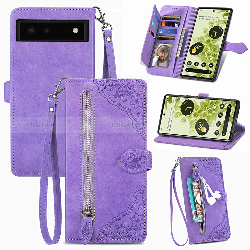 Custodia Portafoglio In Pelle Cover con Supporto S06D per Google Pixel 6 5G Viola