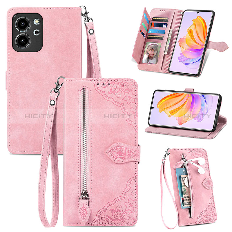 Custodia Portafoglio In Pelle Cover con Supporto S06D per Huawei Honor 80 SE 5G Rosa