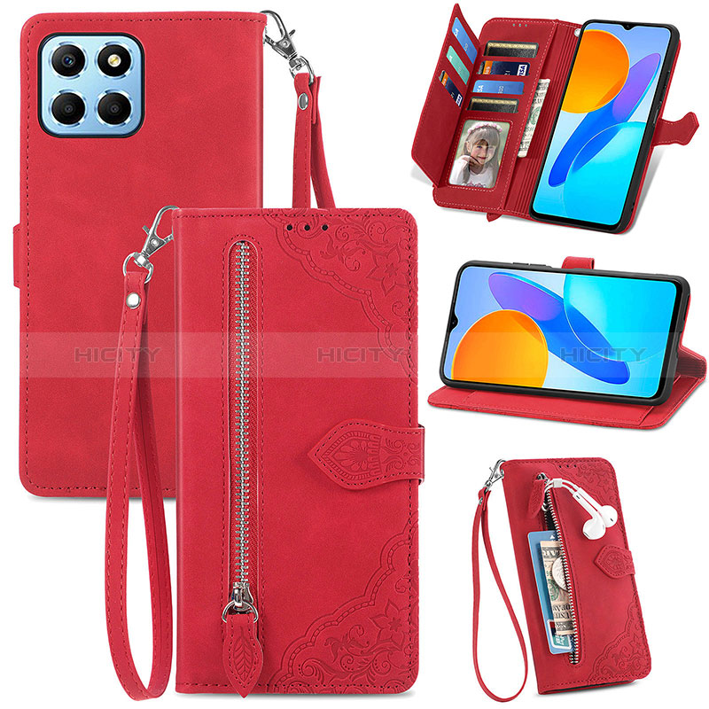 Custodia Portafoglio In Pelle Cover con Supporto S06D per Huawei Honor X6 Rosso