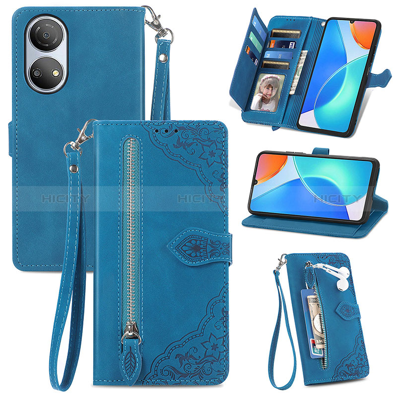 Custodia Portafoglio In Pelle Cover con Supporto S06D per Huawei Honor X7 Blu