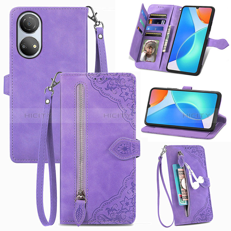 Custodia Portafoglio In Pelle Cover con Supporto S06D per Huawei Honor X7 Viola