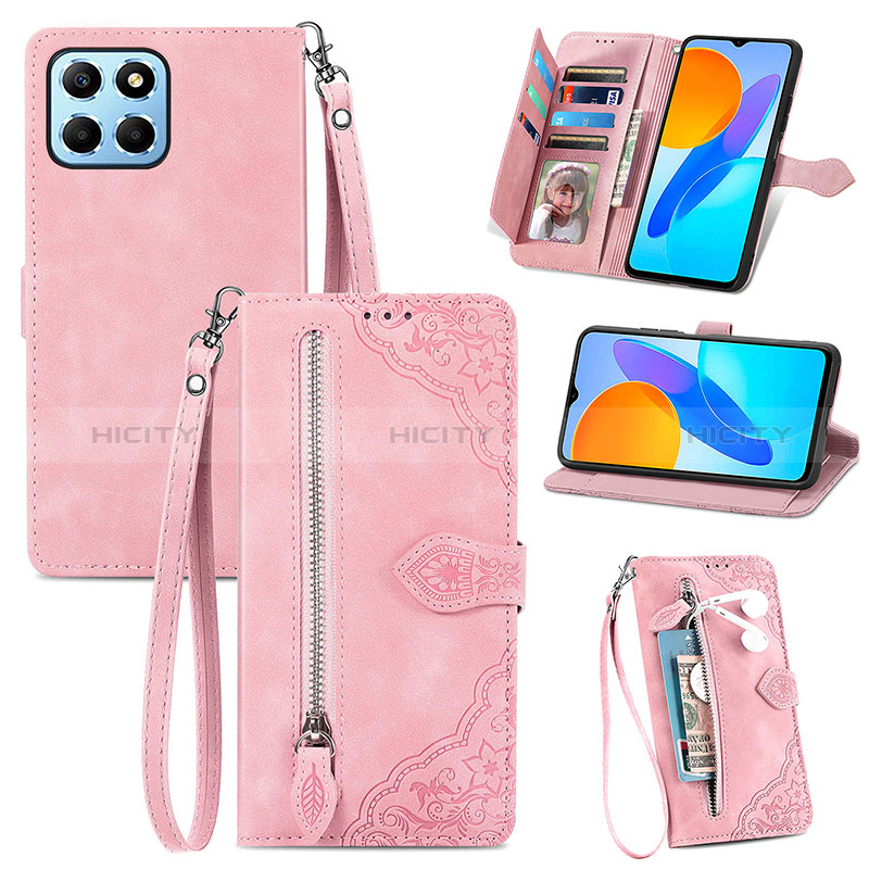 Custodia Portafoglio In Pelle Cover con Supporto S06D per Huawei Honor X8 5G Rosa