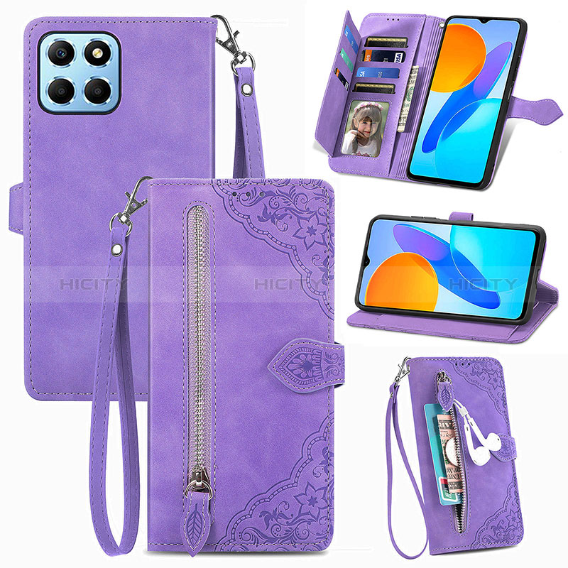 Custodia Portafoglio In Pelle Cover con Supporto S06D per Huawei Honor X8 5G Viola